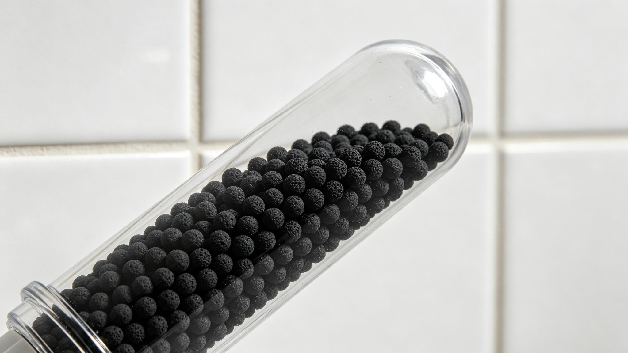 Activated carbon in shower filters — black carbon beads in filter cartridge
