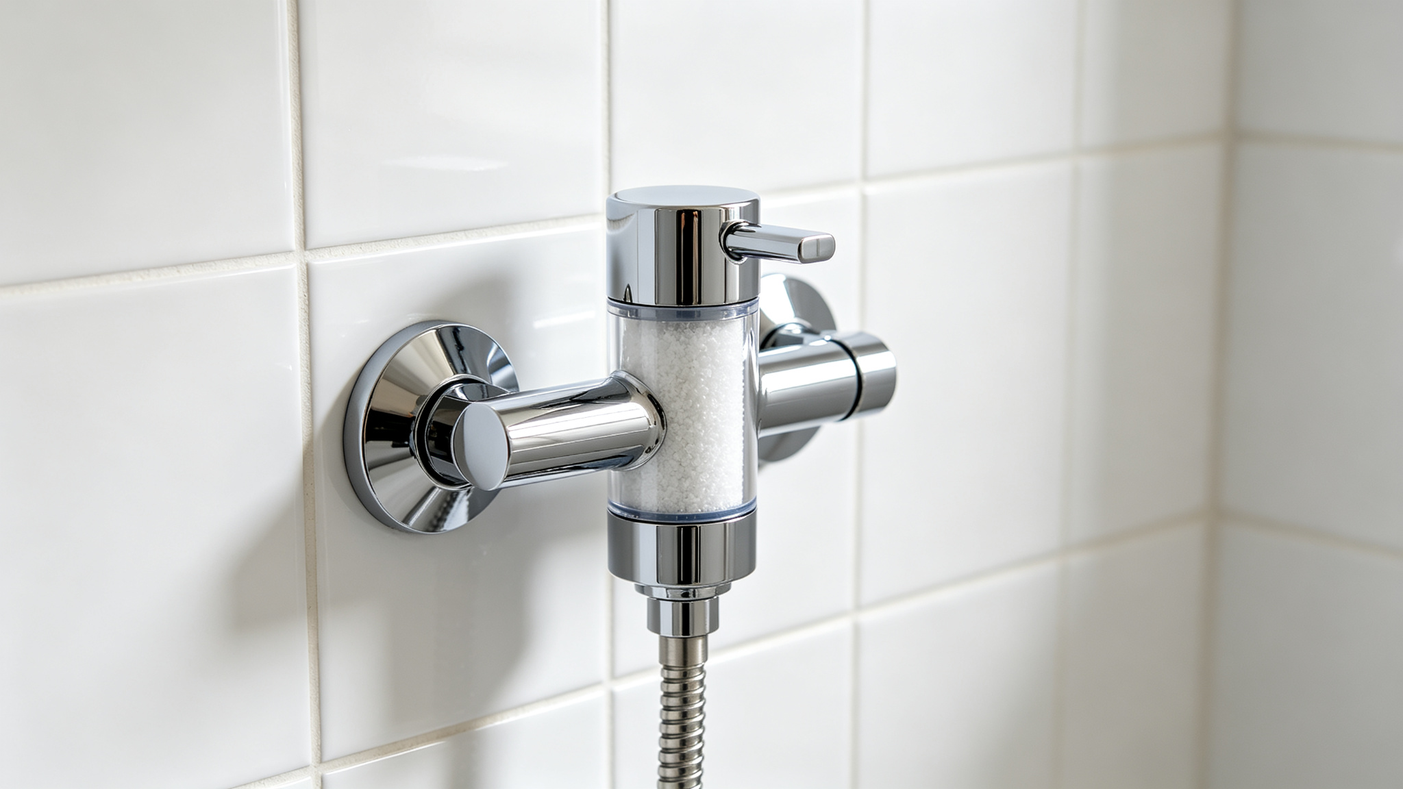 AquaBliss shower filter alternative — chrome shower filter on white tiled wall