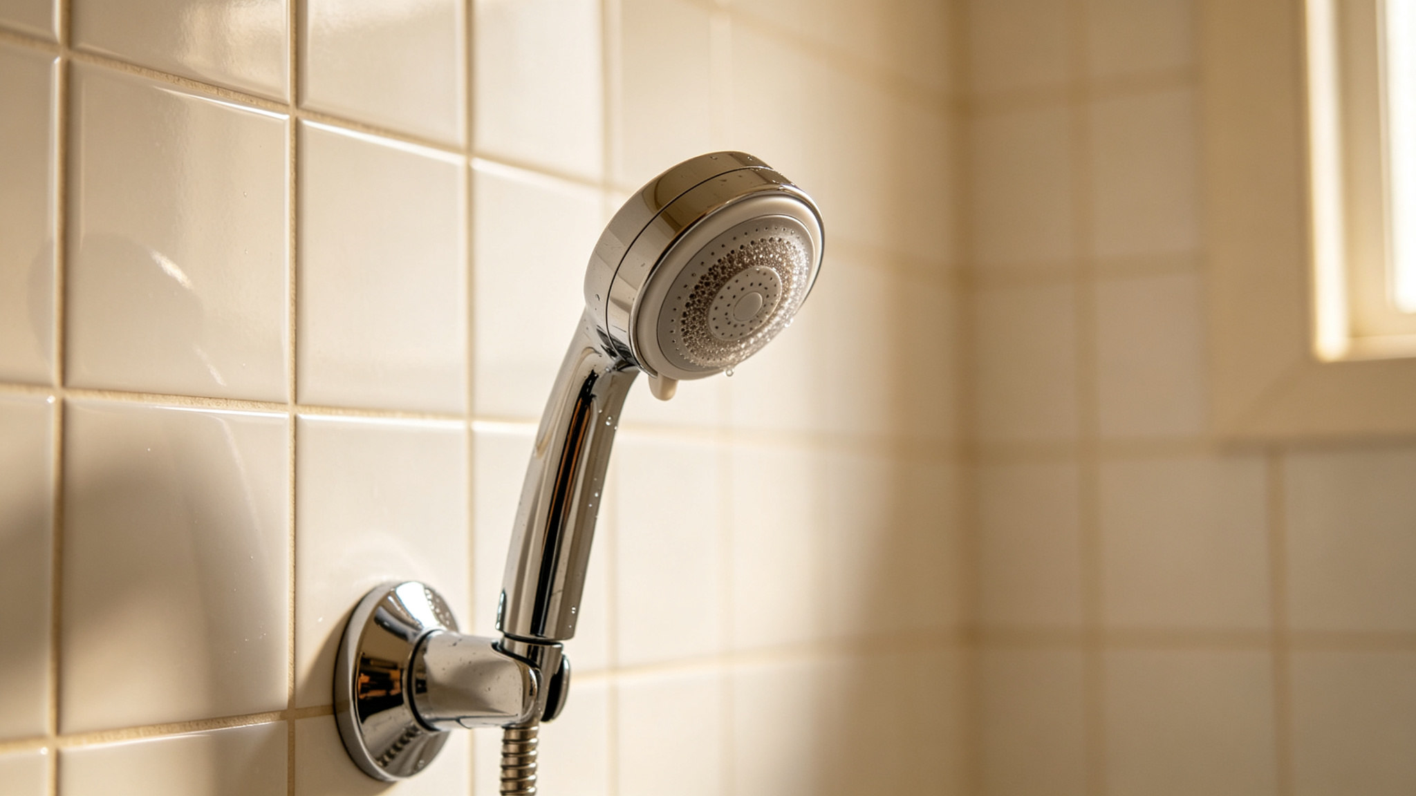 Shower filter for baby bath — chrome shower head on white tiled wall