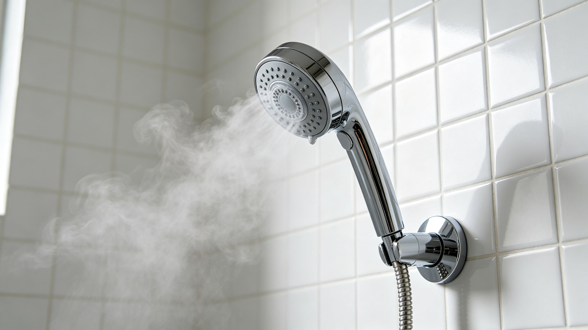 Shower filter for chlorine removal — chrome shower filter on white tiled wall