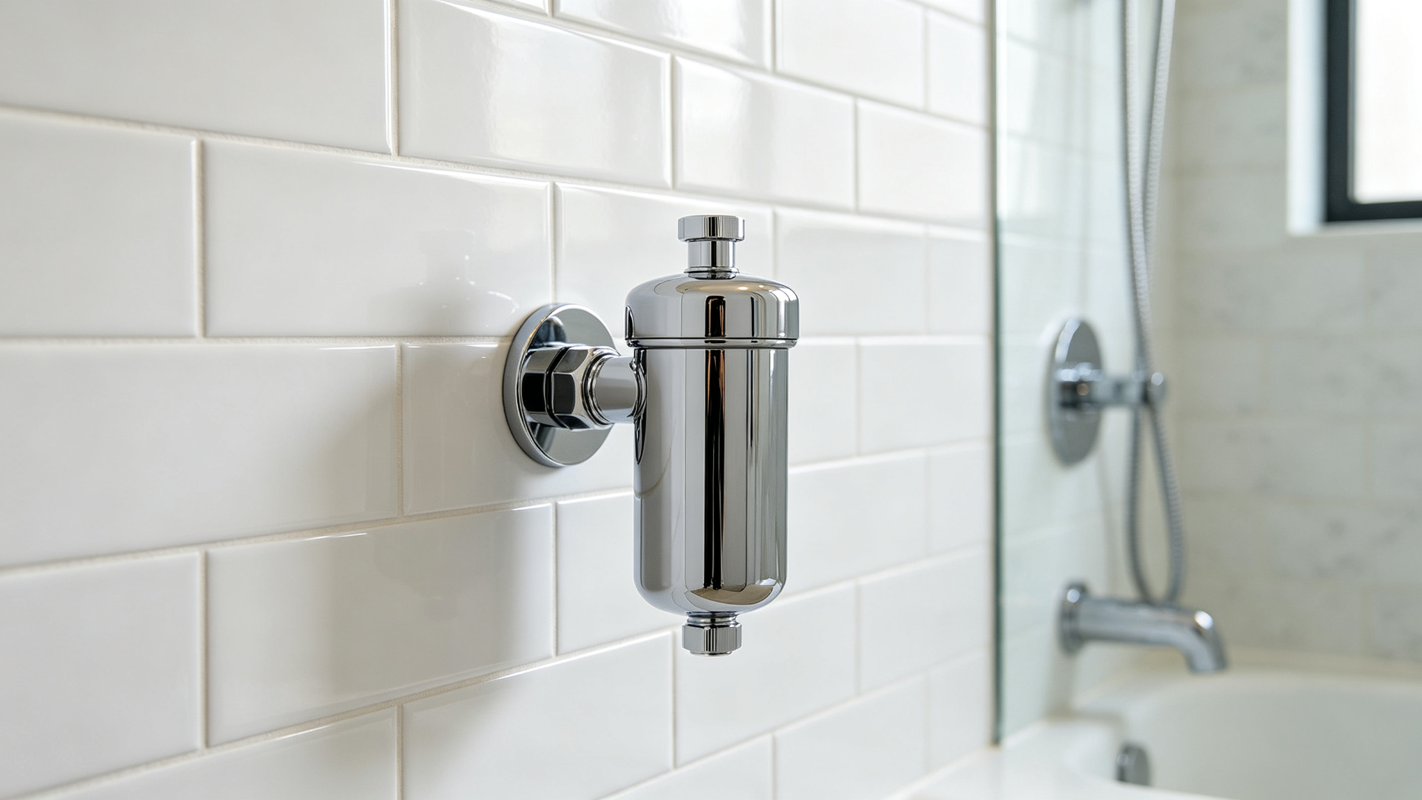 Culligan shower filter alternative — chrome inline filter on white tiled wall