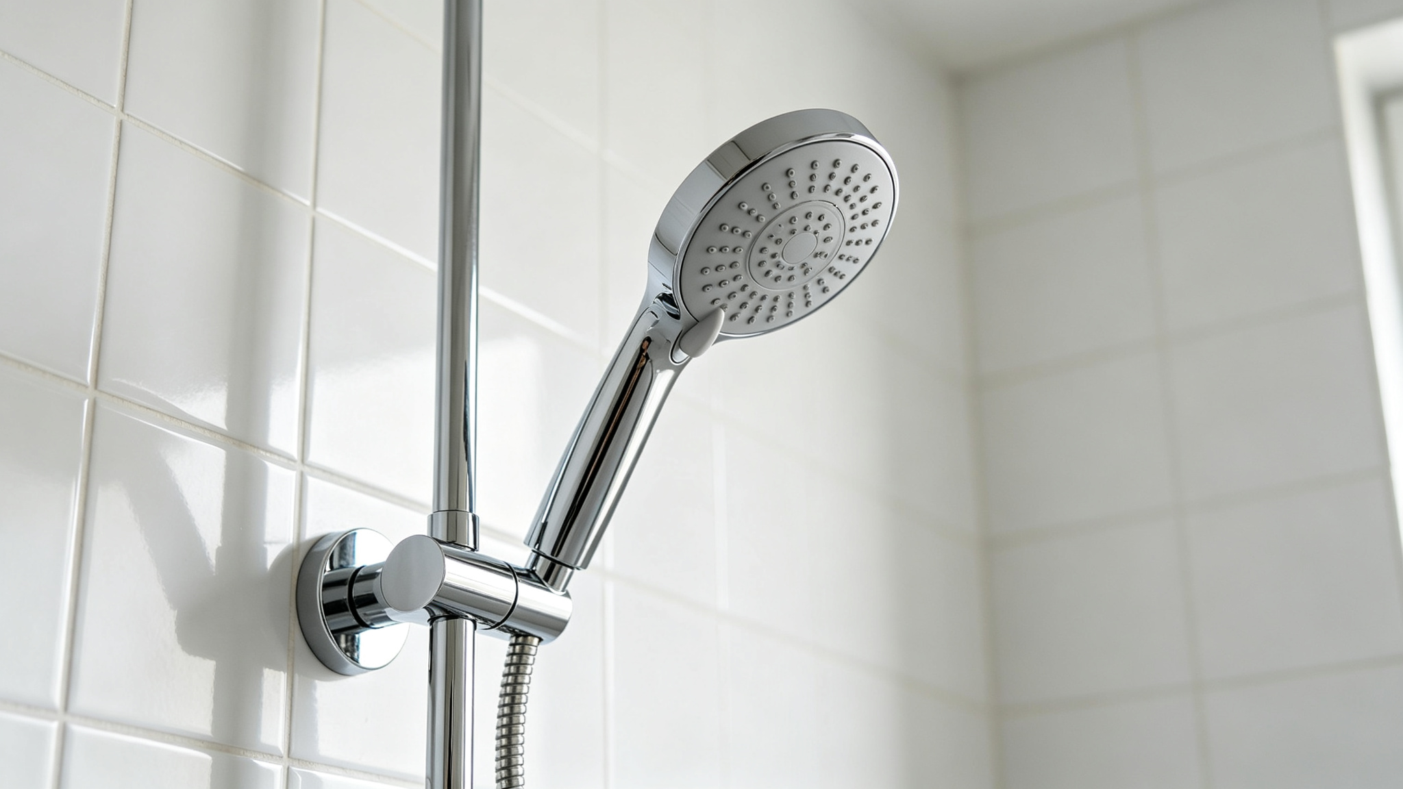 Filterbaby shower filter alternative — chrome shower filter on white tiled wall