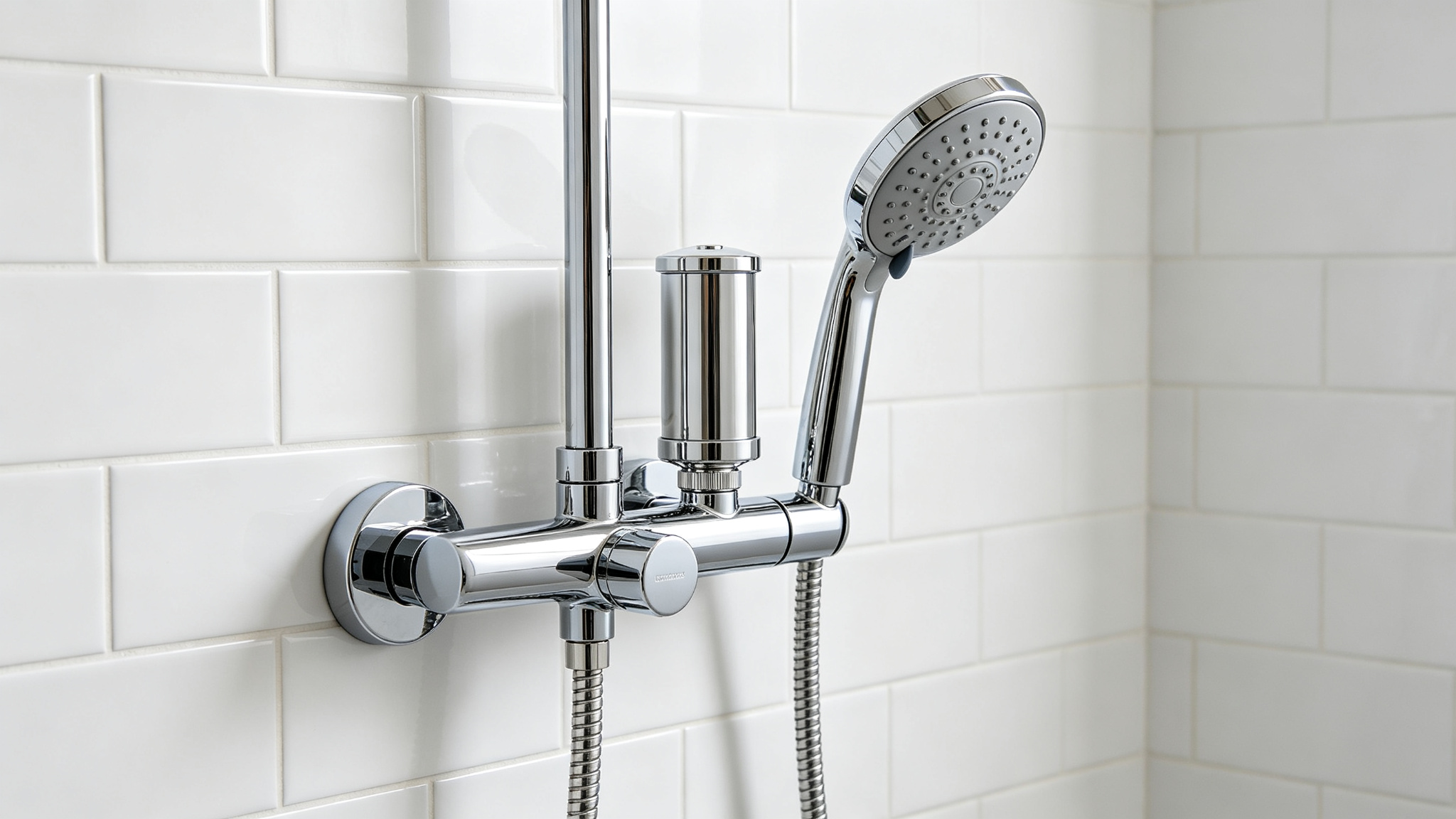Best inline shower filter — chrome canister filter between shower arm and head