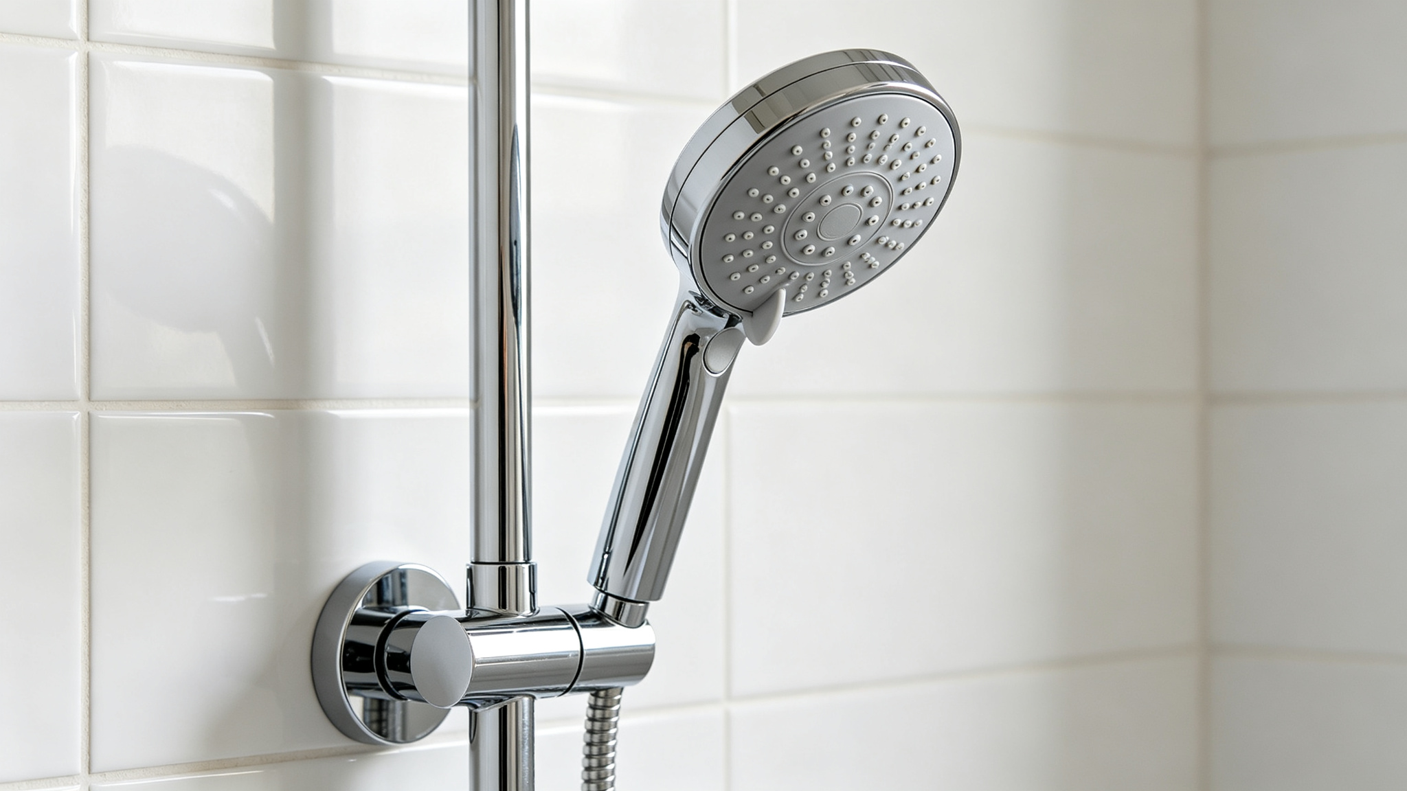 Jolie shower filter alternative — chrome filtered shower head on white tiled wall