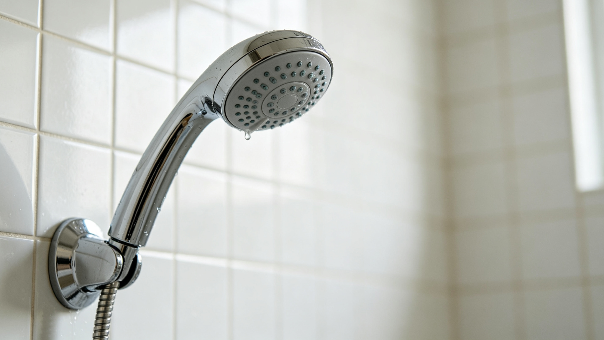 Shower filter for dry skin — chrome shower head on white tiled wall