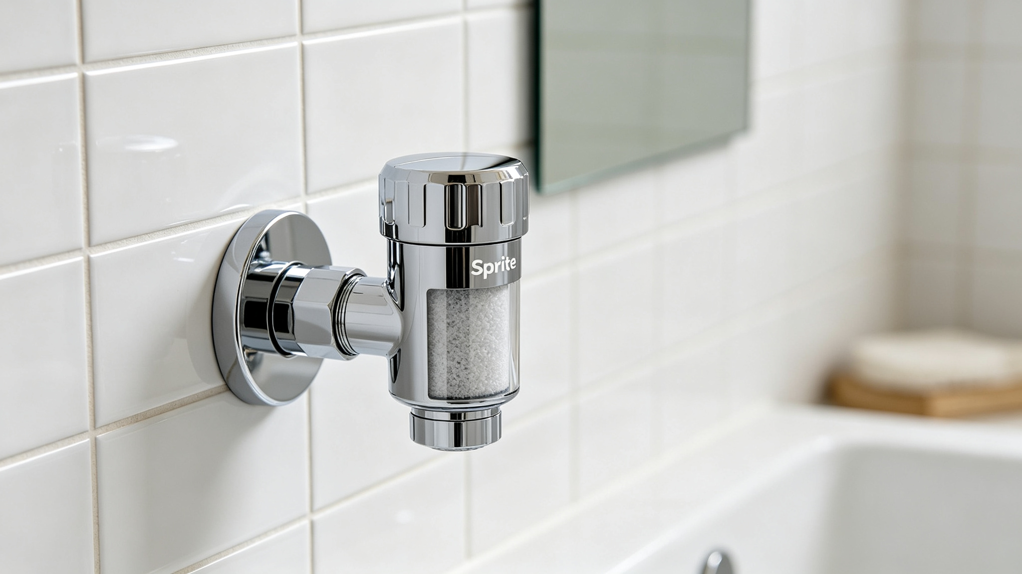 Sprite shower filter alternative — chrome inline filter on white tiled wall