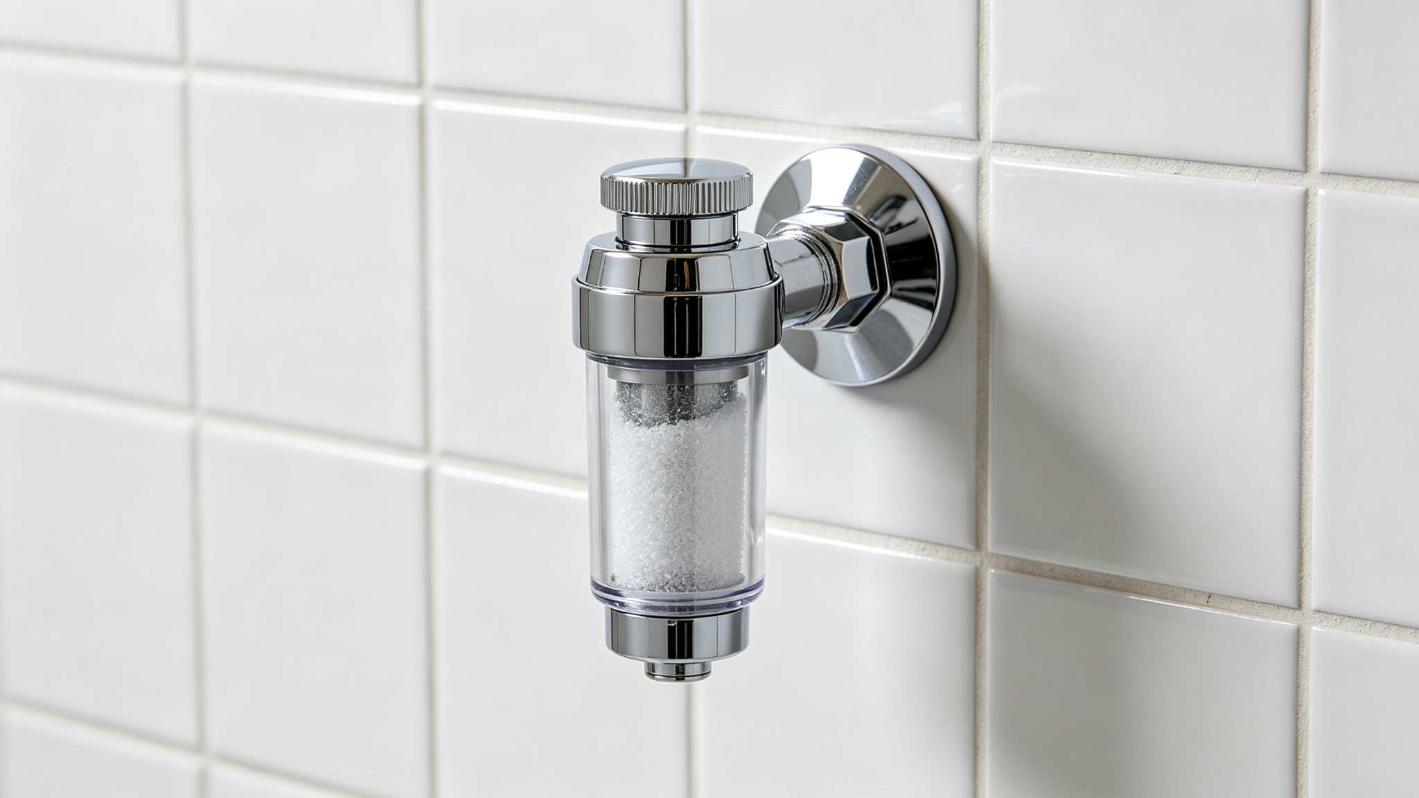 Shower filter for well water — chrome inline filter on white tiled wall
