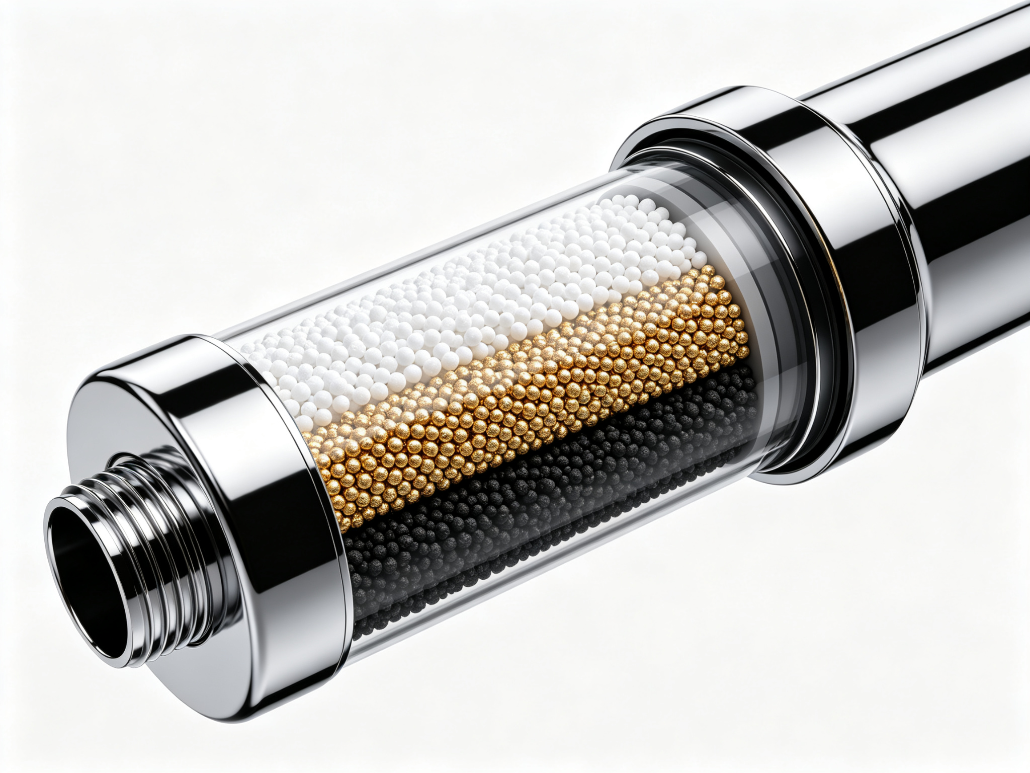 Shower filter cartridge media layers — KDF-55, calcium sulfite, activated carbon