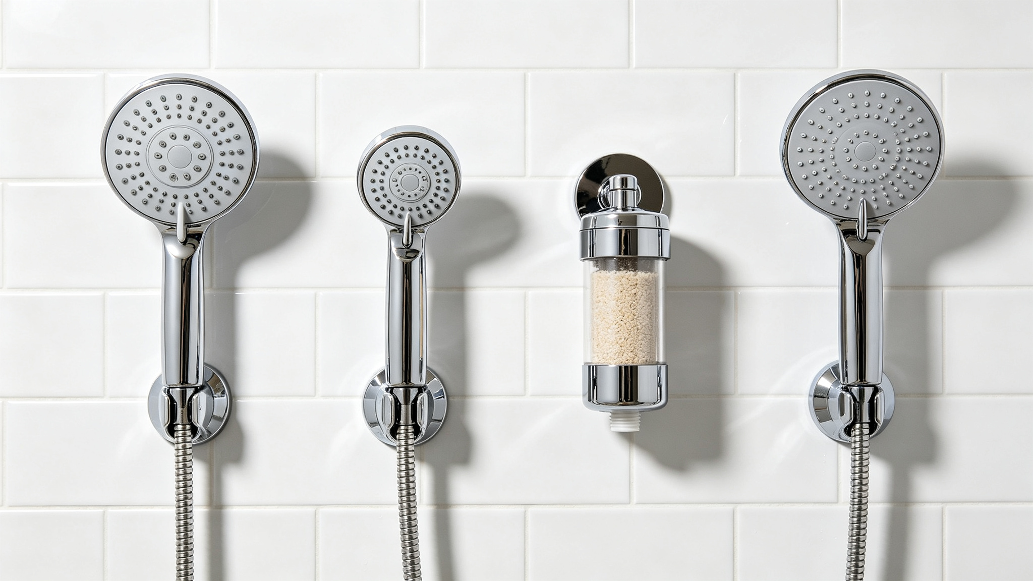 Filtered shower head types — standard fixed, handheld, in-line canister, rainfall