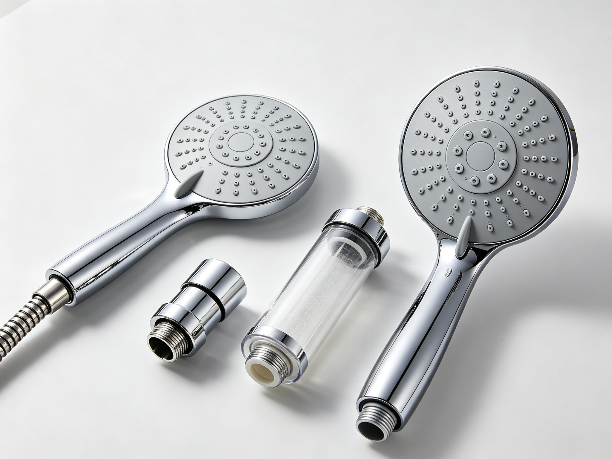Filtered shower head lineup — standard, handheld, inline, rainfall chrome
