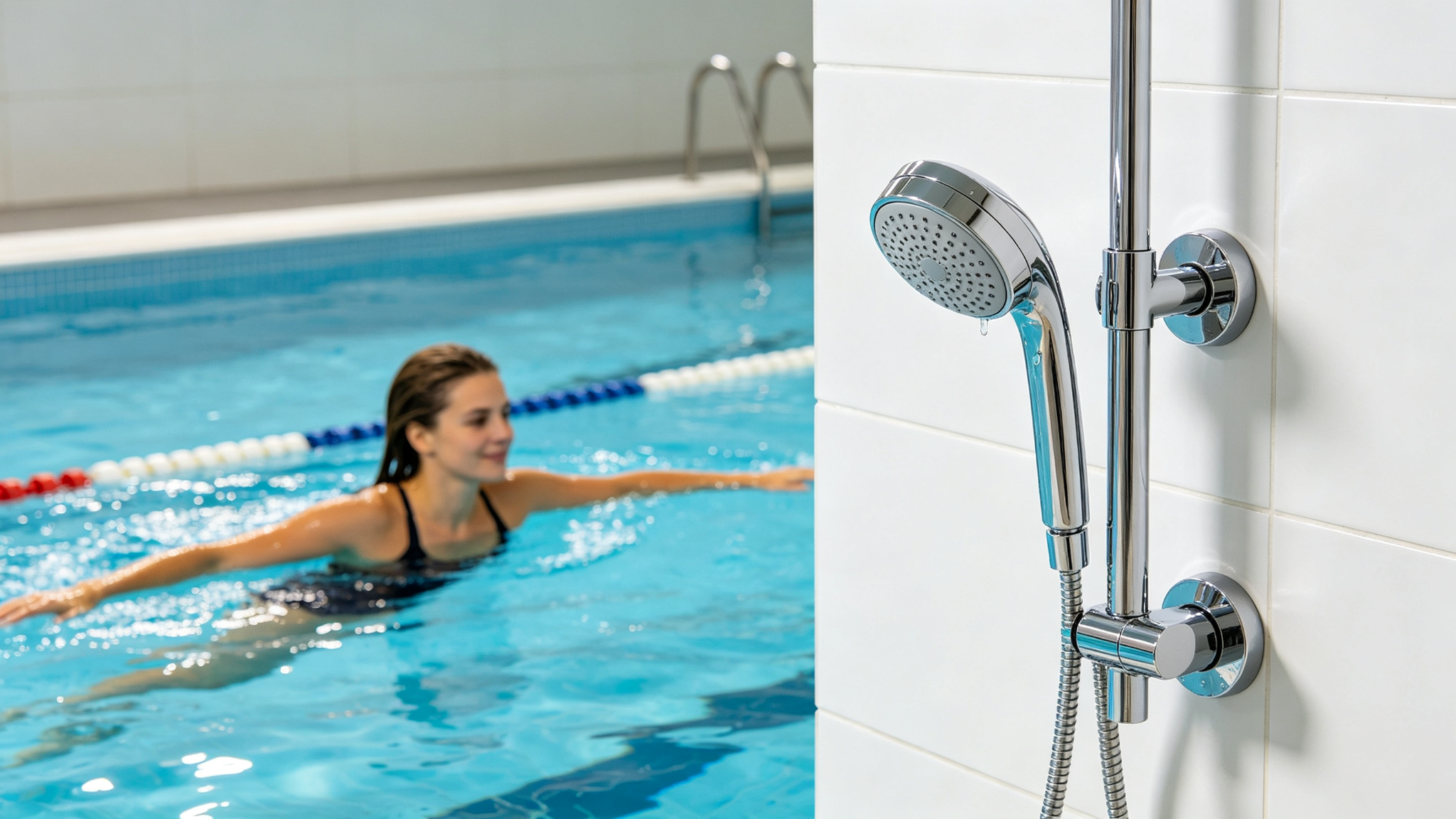Shower filter for swimmers — removing chlorine from hair and skin