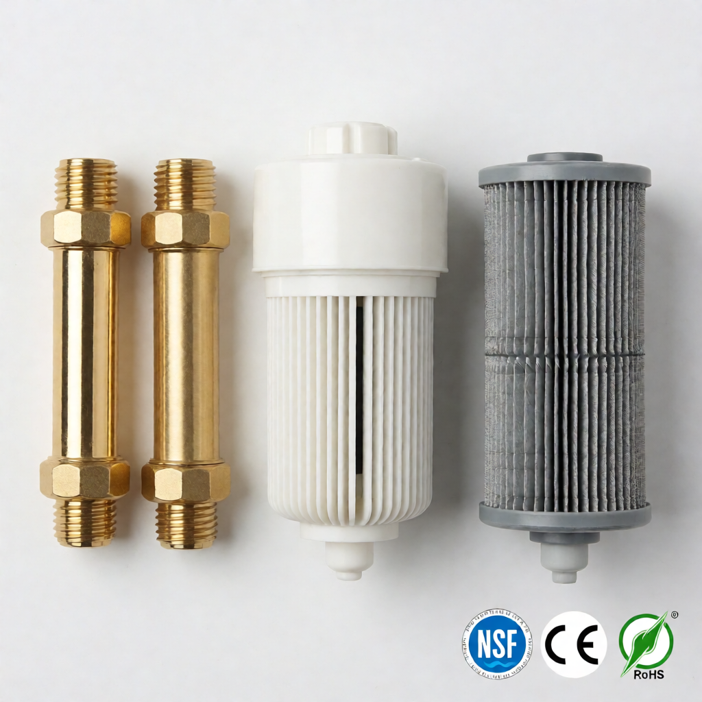 Side-by-side comparison of shower filter housing materials and certification badges on neutral background