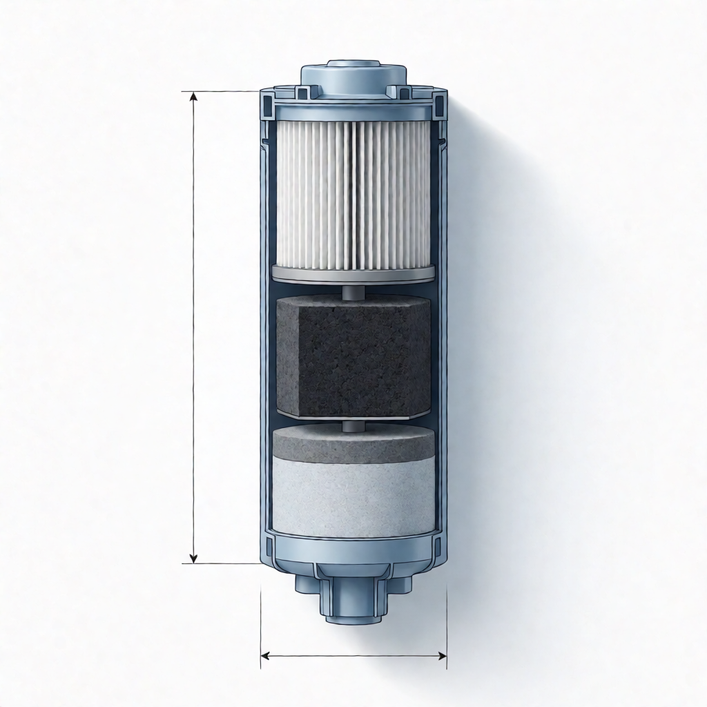 Multi-stage shower water filter cross-section showing sediment pre-filter, carbon block, and remineralization layers with NSF/ANSI 177 certified construction