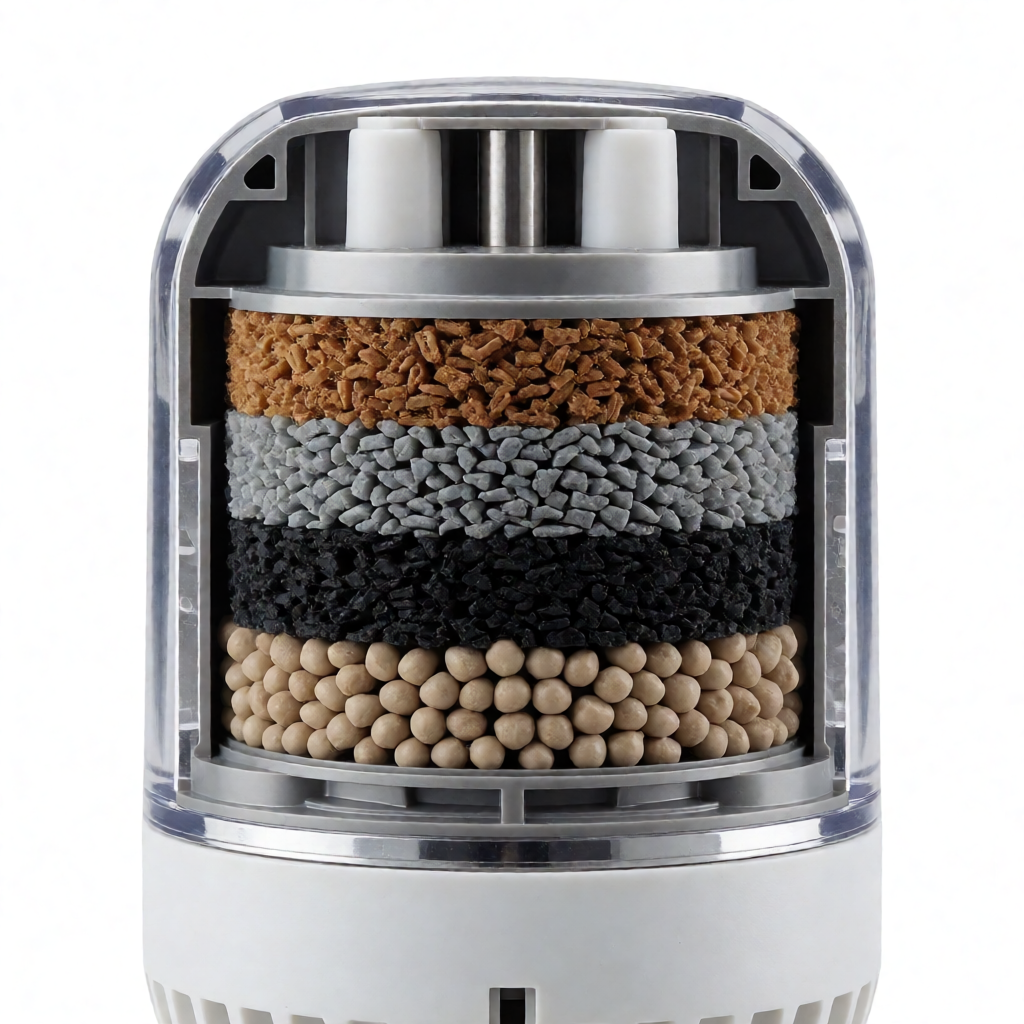 Handheld shower filter cartridge cross-section showing layered filtration media and housing materials
