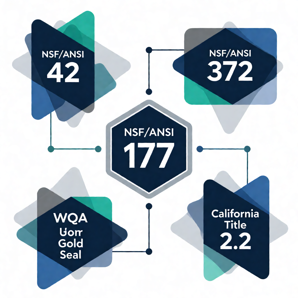 NSF certification compliance comparison chart showing NSF/ANSI 177 alongside NSF/ANSI 42, NSF/ANSI 372, WQA Gold Seal, and California Title 2.2 compliance as interconnected standards