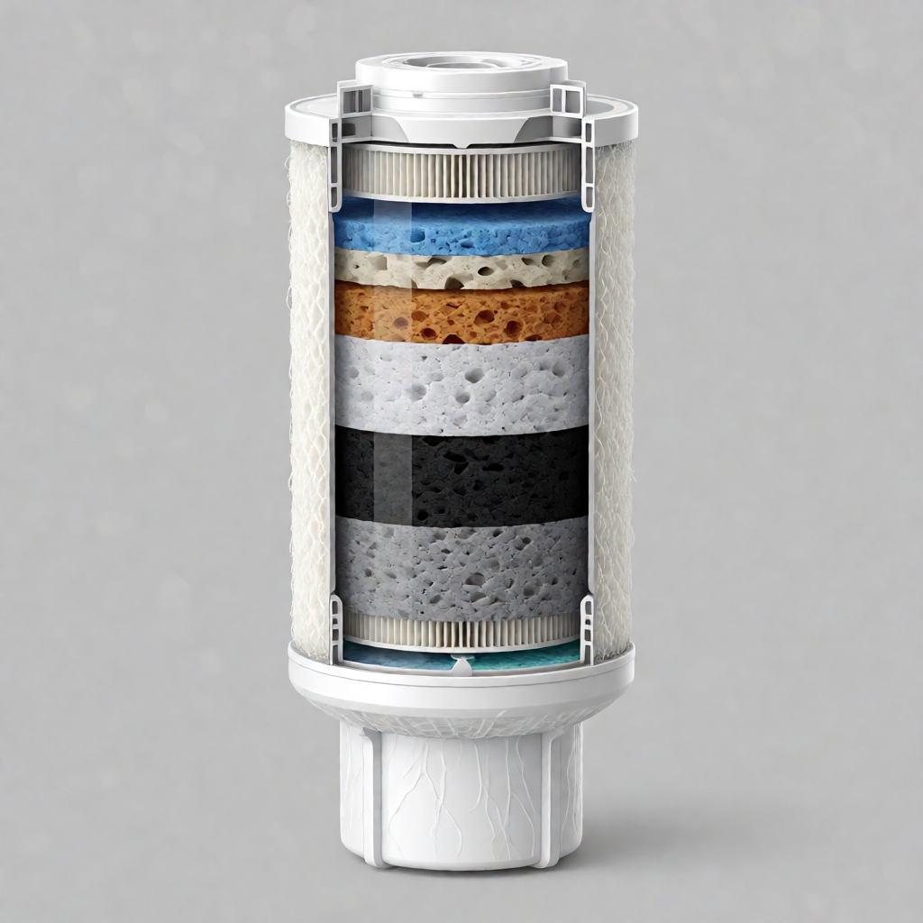 Cross-section view of shower water filter cartridge showing layered filtration media and component layers