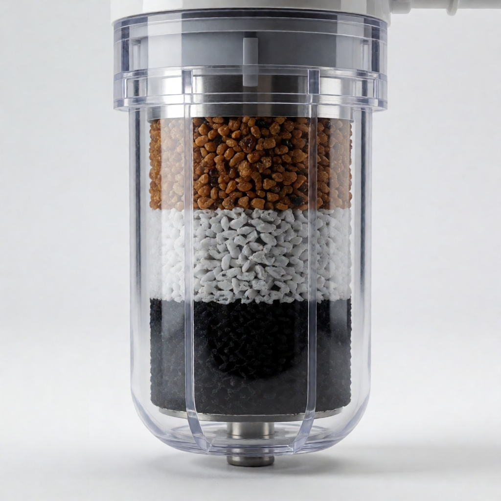 Close-up of inline shower filter showing KDF media and activated carbon filtration layers inside transparent housing