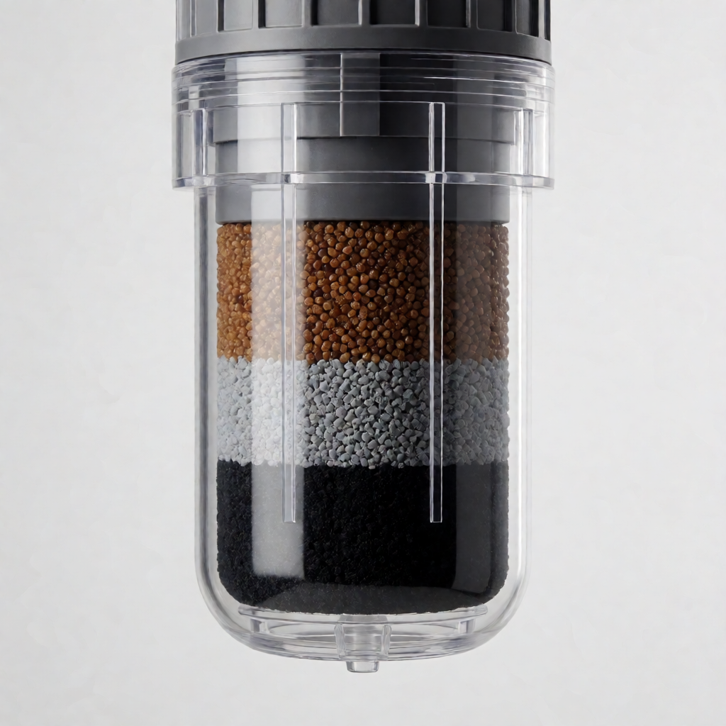 Close-up of inline shower filter showing KDF media and activated carbon filtration layers inside transparent housing