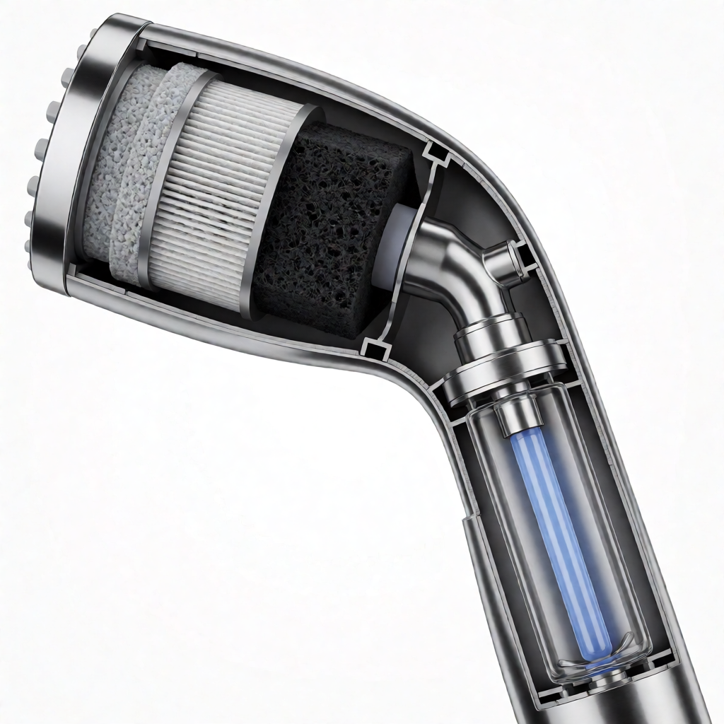 Detailed cutaway diagram of filtered shower head showing internal multi-stage filtration components including sediment pre-filter, activated carbon block, and UV sterilization chamber