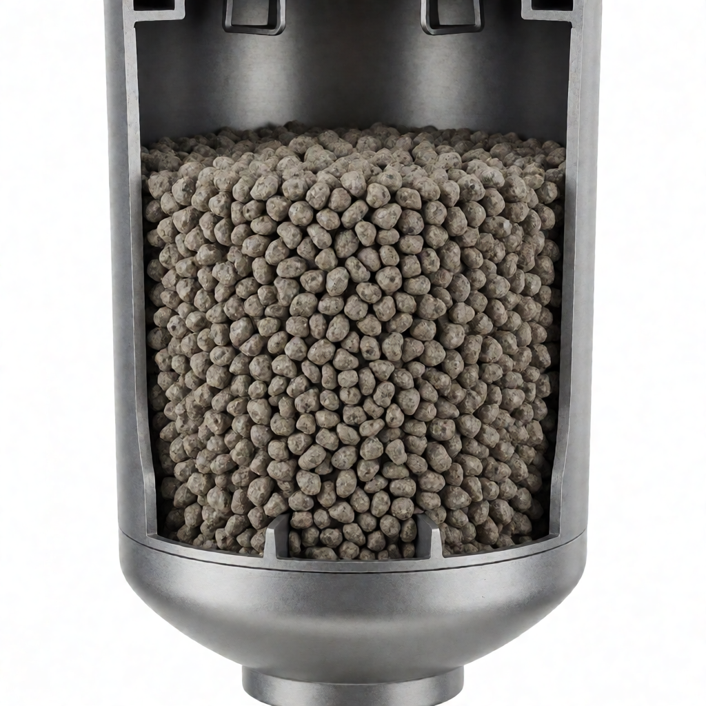Close-up of KDF media granules and shower filter housing interior showing filtration material texture