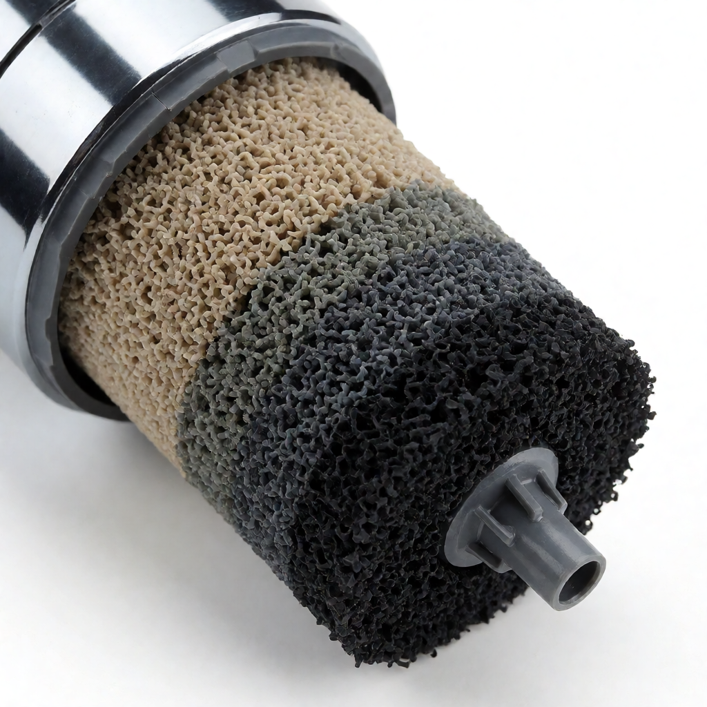 Close-up of KDF and activated carbon filter media inside shower head filter housing showing layered filtration material