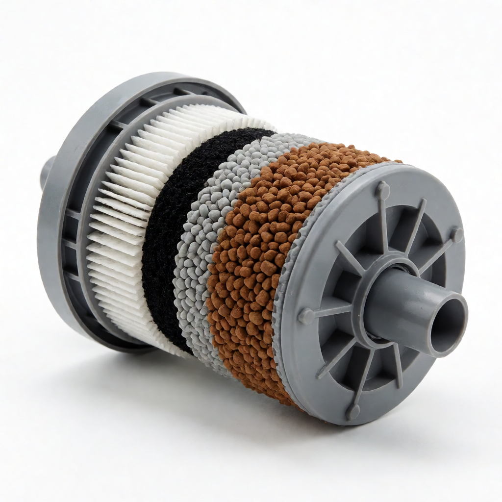 Close-up of shower water filter cartridge showing internal filtration media layers and housing construction details