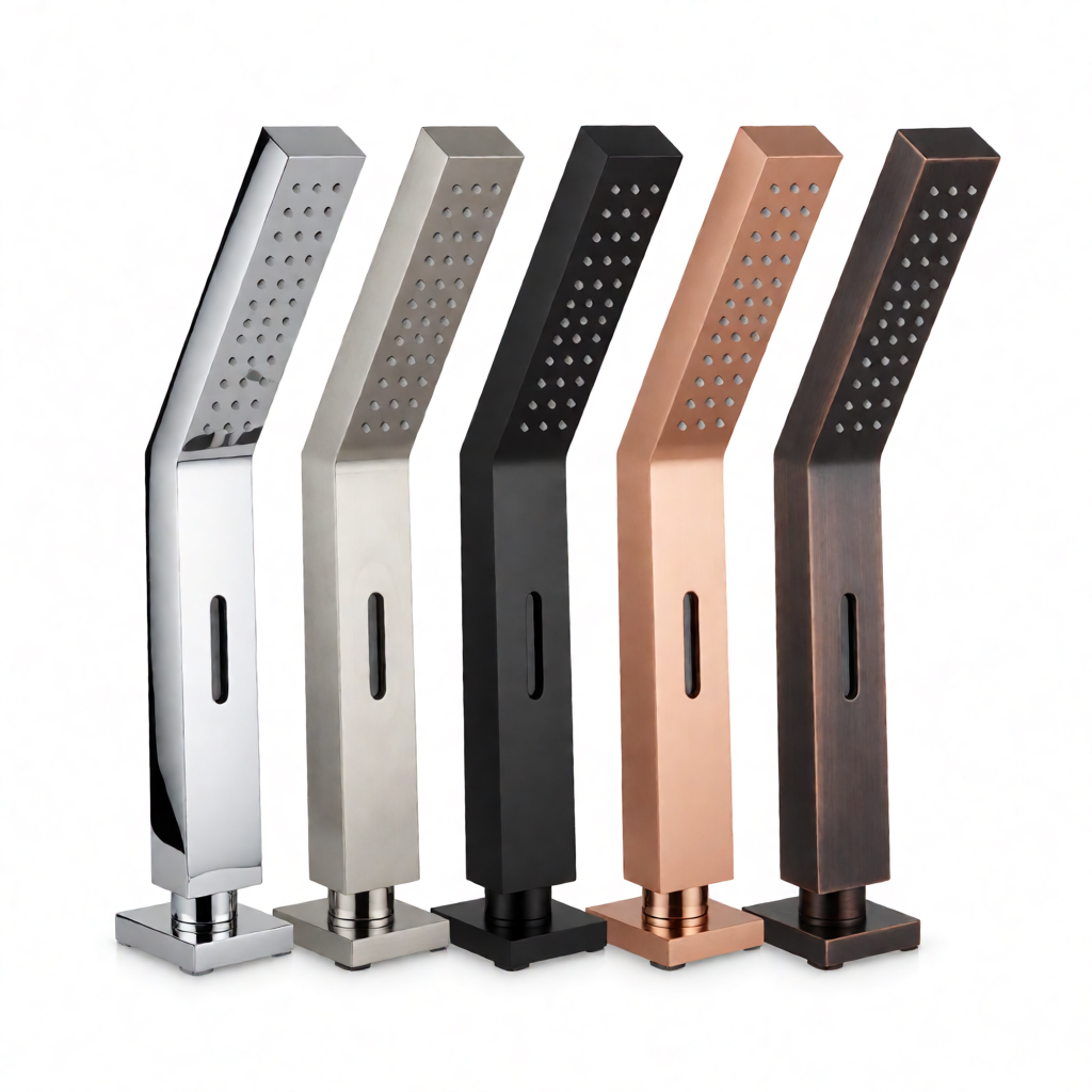 Professional product lineup of filtered shower heads in multiple finishes showing chrome, brushed nickel, matte black, and rose gold options with consistent design language