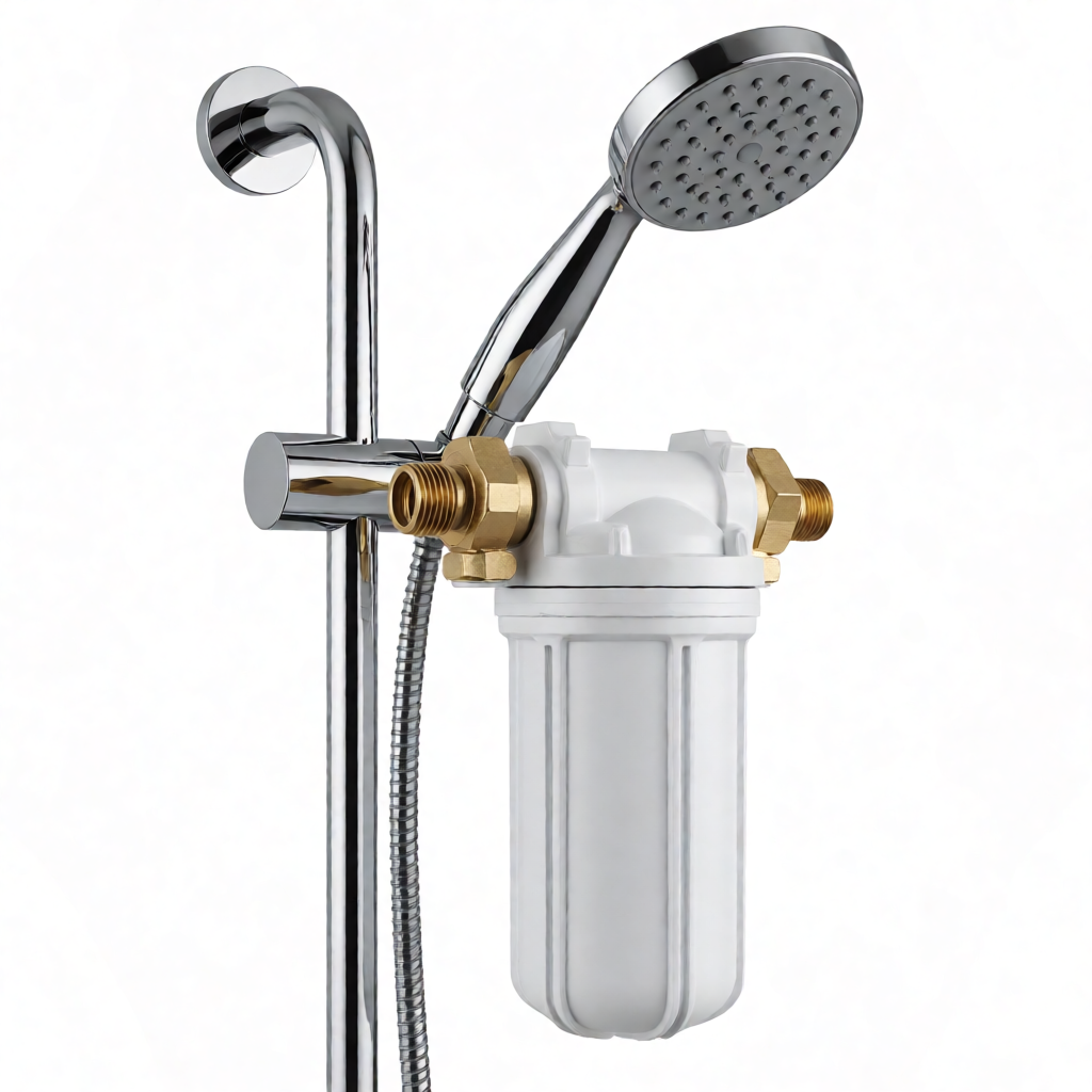 Close-up of shower head with inline water filter housing showing connection fittings and filter body